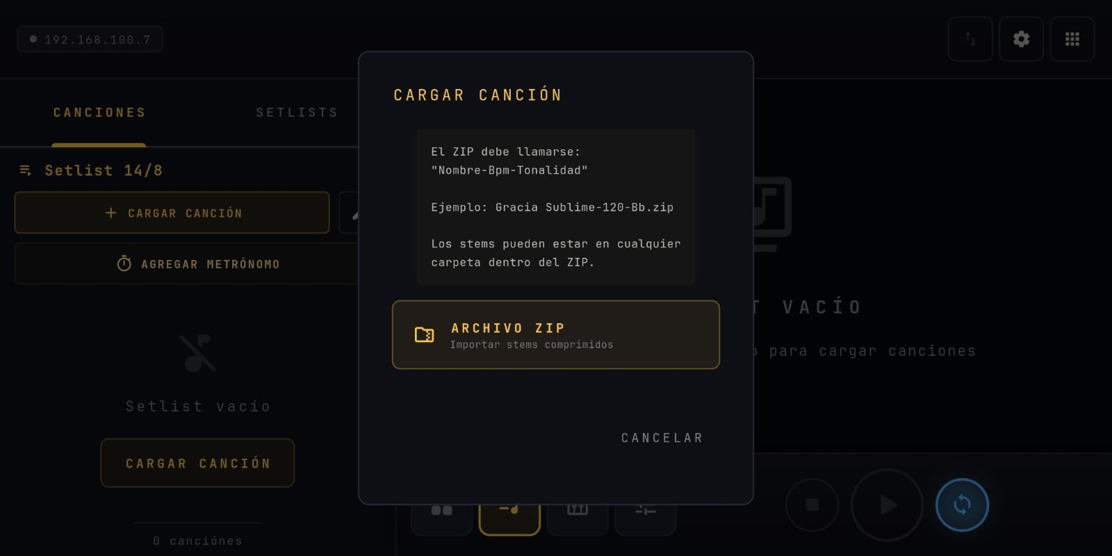 Diálogo para cargar una canción desde un archivo ZIP con los stems
