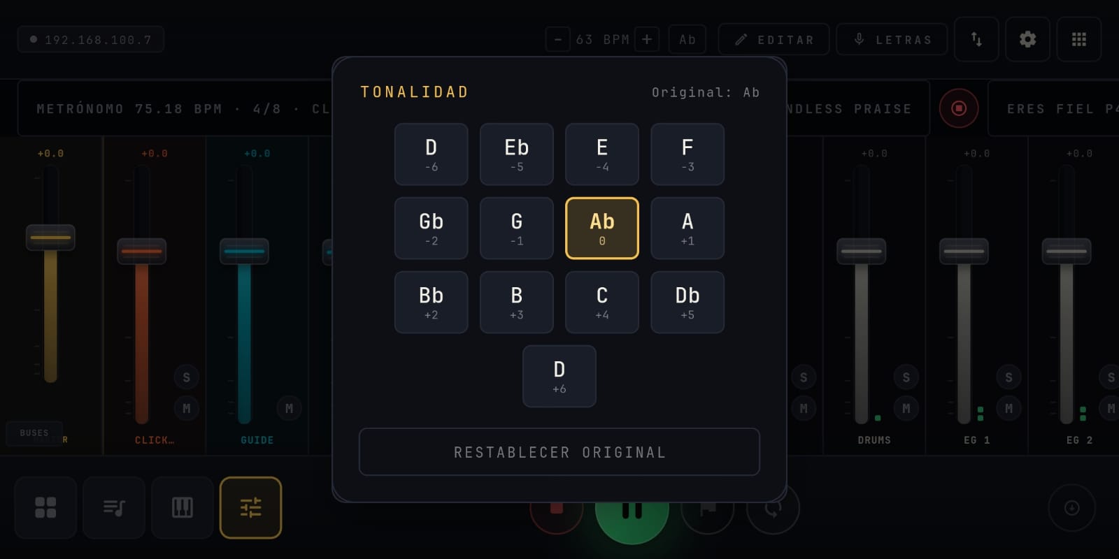 Selector de tonalidad por semitonos con la tonalidad original marcada