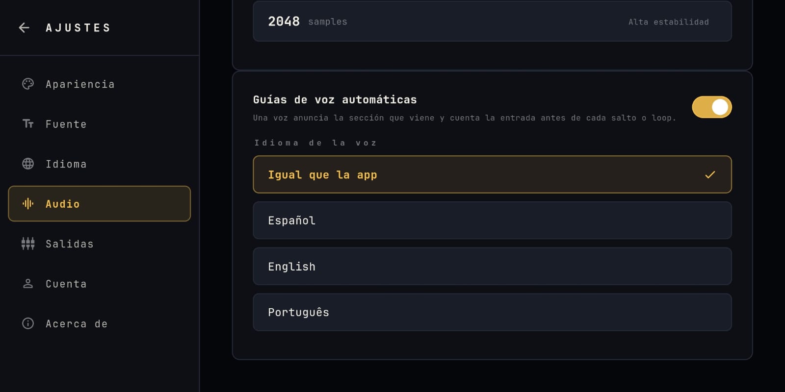 Ajuste de guías de voz automáticas con selector de idioma